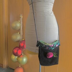 Goody Goody black velvet floral plaid crossbody shoulder bag